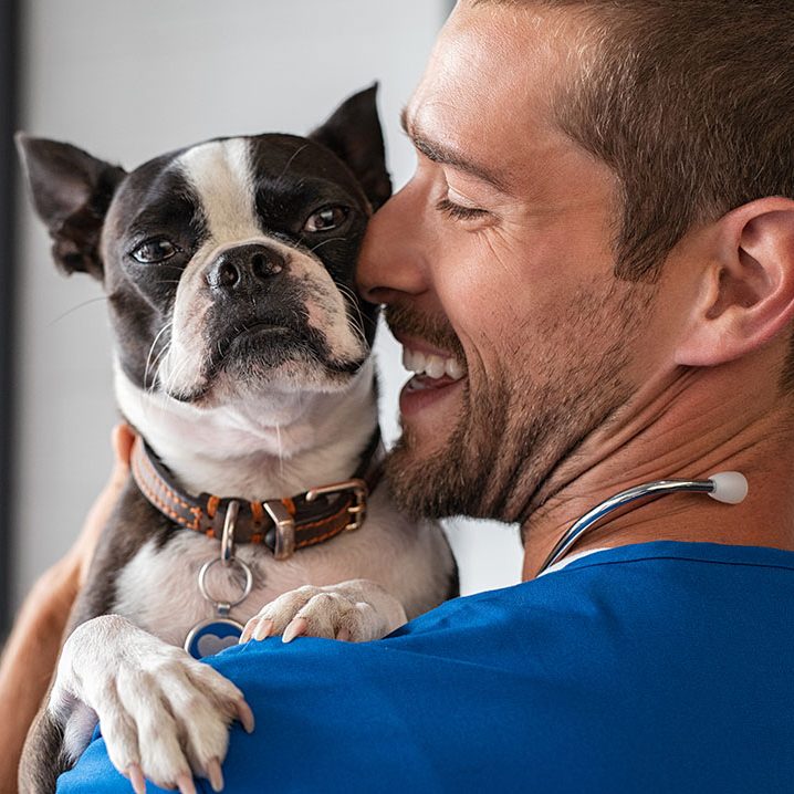 Vet tech with a happy boston terrier